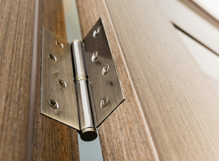 Close-up of a door hinged on a wooden interior door with glass inserts.の写真素材
