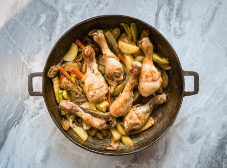 Top view of chicken legs baked with potatoes, eggplant and other vegetables in a cast iron frying panの写真素材