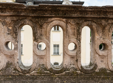 Antique limestone balustrade close-up. Backgroundの写真素材
