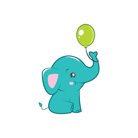 Cute baby elephant with green balloon illustrationのイラスト素材