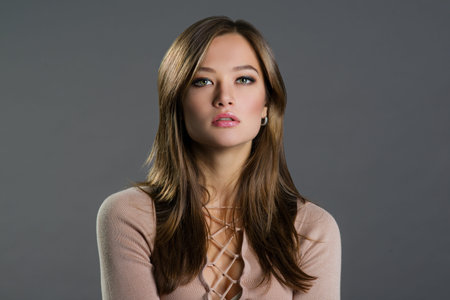 Portrait of a beautiful woman on a gray background