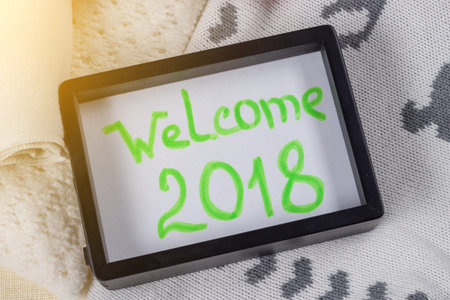 Welcome 2018. Christmas clothing style background knitted winter clothesの写真素材