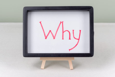 Text word WHY, in black frame, on white table.の写真素材