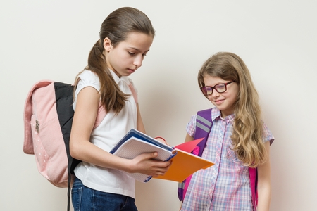 School children girlfriends. The older girl shows the younger notebook. Girls against the background of a bright wall in schoolの写真素材