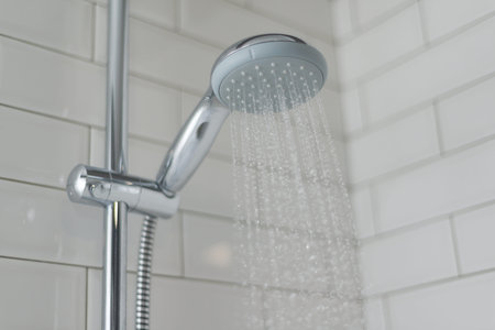 Close-up of chrome shower, faucet, in the bathroom covered decorative ceramic tiles with white...