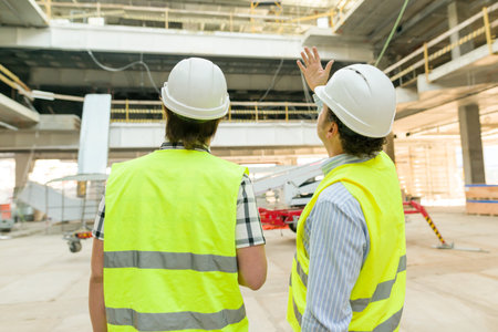 Male construction worker and engineer at the construction site. Building, development, teamwork and...