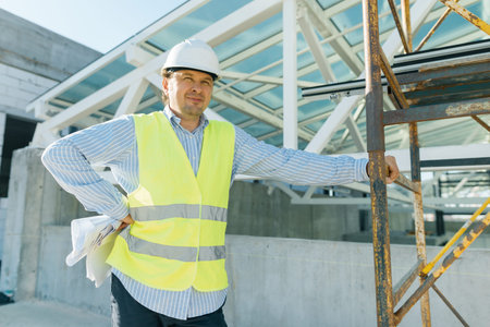 Portrait of male engineer at construction site. Building, development, teamwork and people concept.