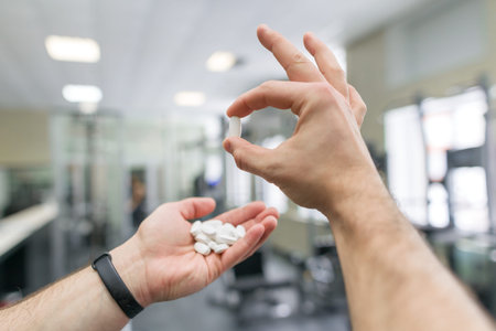 Closeup of sporty muscular man arms showing sports and fitness supplements, capsules, pills, gym...
