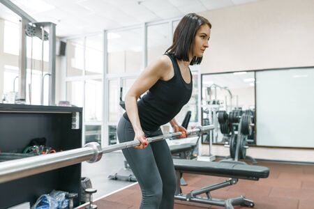 Young athletic woman exercising on the machines in modern sport gym. Fitness, sport, training, people, healthy lifestyle conceptの写真素材