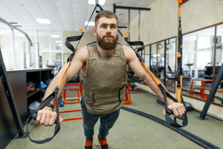 Muscular bearded man dressed in military weighted armored vest doing exercises using straps systems...