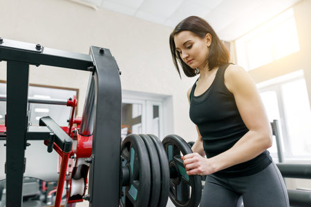 Young beautiful athletic woman brunette doing fitness exercises in the gym. Fitness, sport,...