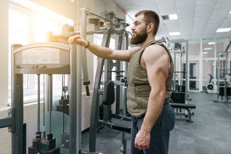 Portrait muscular caucasian bearded man dressed in weighted vest in the gym, military style.