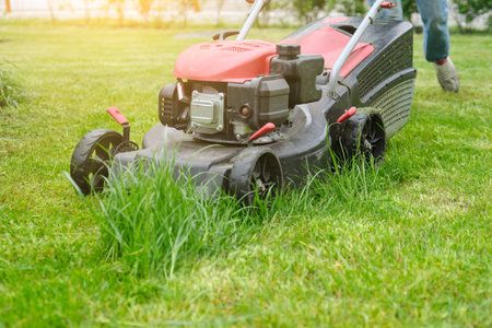 Lawn mower cutting green grass, gardener with lawnmower working, city courtyard of an apartment...