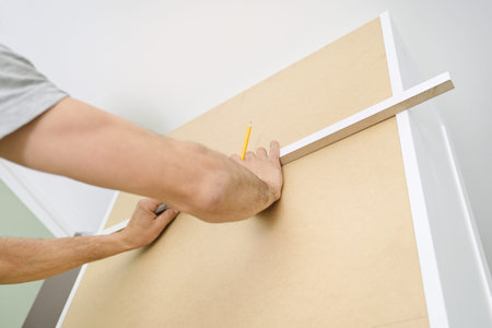 Closeup of furniture assembly with professional tools. Establishing kitchen furniture