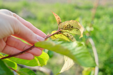 Spring season, cherry tree, close-ups of insects aphid pests.