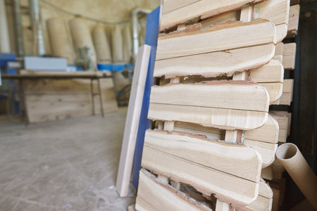 Wooden rustic style fence in carpentry workshop, woodworking machinery background, short fence in...