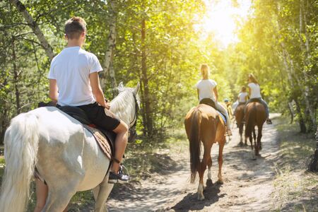 Group of teenagers on horseback riding in summer park, back viewの写真素材