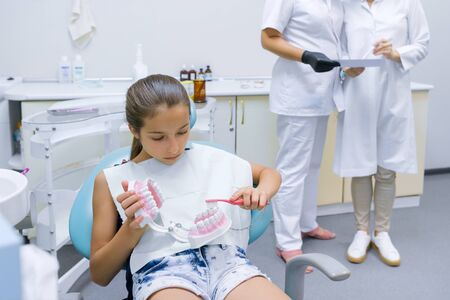 Girl child sitting in dentists office studying model of dental jaw, awaiting treatment. Beautiful smooth healthy white teeth in childrenの写真素材