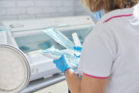 Female nurse doing sterilization of dental medical instruments in autoclave. Sterilization...