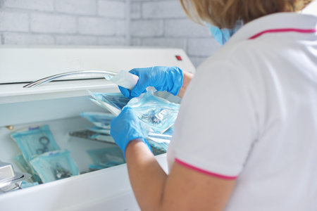 Female nurse doing sterilization of dental medical instruments in autoclave. Sterilization...