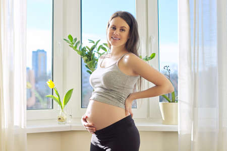 Portrait of young beautiful pregnant woman touching belly with hands, female standing at home near window in sunlightの写真素材
