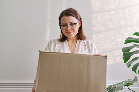 Woman with packaged package, cardboard box. Service for international postal delivery, auto delivery...