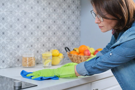 Cleaning table in kitchen after cooking, woman in gloves with rag cleans kitchen worktop