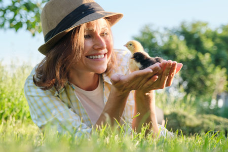 Newborn baby chickens in hand of farmer woman, rustic style, farming, sunny spring day in garden