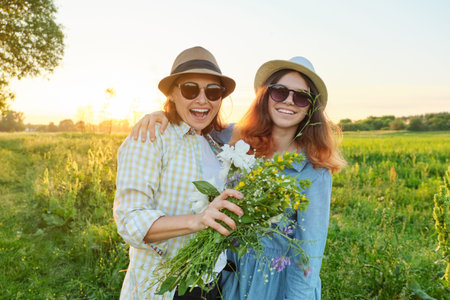Mothers day, hugging happy smiling teenager daughter with mother in meadow with bouquet of spring...