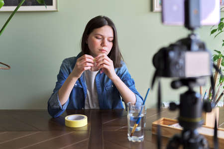 Teen girl talking and recording video, webcam, video call.の写真素材