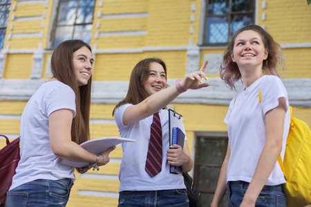 Talking group of student girls, teenage girls college students near brick building. Back to college, start of classes, education, high schoolの写真素材