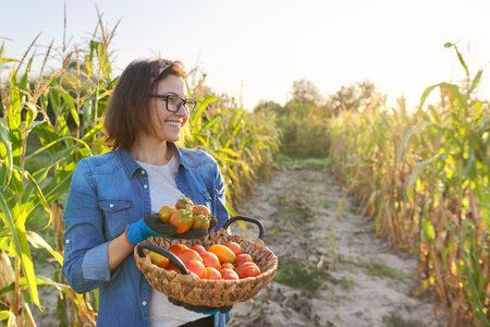 Woman in vegetable garden with basket with crop of ripe red tomatoes. Hobby mature woman, gardening,...