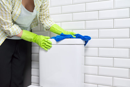 Toilet cleaning, hygiene, cleanliness in the bathroom. Woman washing toilet bowl polishing with...
