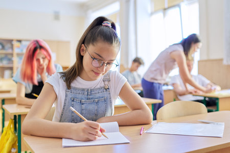 Lesson in class of teenage children, in front girl 13, 14 years old sitting at desk writing in notebook. Education, school, college, schoolchildren conceptの写真素材