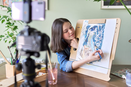 Artist, teenage girl, draws records on video camera for blog. Paints, drawings on home, camera on...