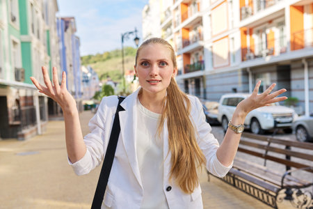 Young business woman recording stream in city. Beautiful confident professional female journalist talking gesturing looking at webcam. Business project presentation, remote work, interviewの写真素材