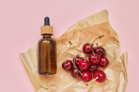 Natural healthy organic cosmetics, fruits, cherries, bottle with cosmetic product on pink...