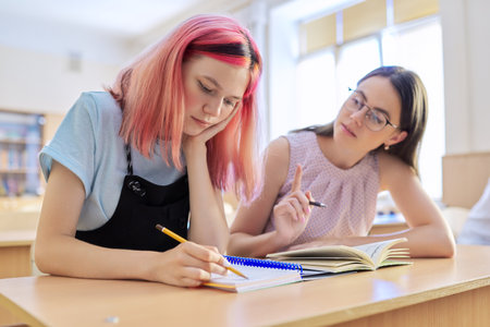 Young woman teacher teaches lesson in classroom of teenage children, teacher sits at desk with student, checks knowledge. Education, school, college, teaching conceptの写真素材