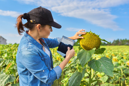 Agriculture farming, woman agronomist farmer working with digital tablet in ripe sunflower field, analyzes the harvest.の写真素材