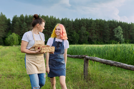 Mother and daughter teenager in aprons walking together with basket of fresh strawberries, nature, farm, beautiful landscape background. Healthy organic food, farm work and hobbiesの写真素材