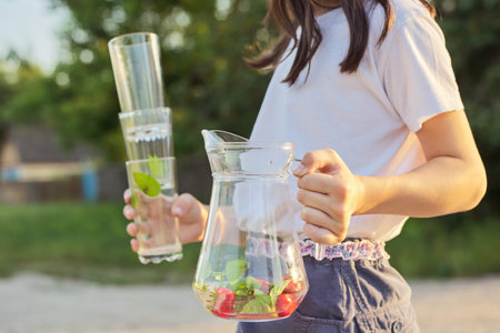 Summer season, heat, soft drinks. Girl wearing hat with jug with cold natural homemade strawberry...