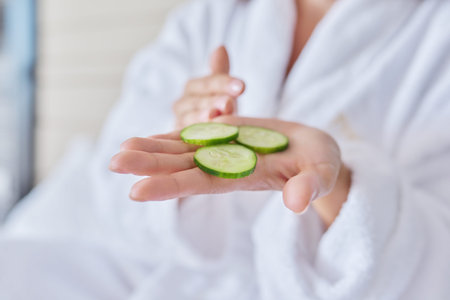 Slices of cucumbers for spa treatments in the hand of a woman in a white bathrobe. Natural organic cosmetics, cucumber masks for skin careの写真素材