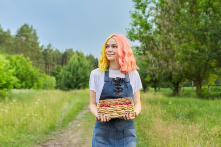 Young teenage girl with basket of fresh plucked strawberries walking along country road in...