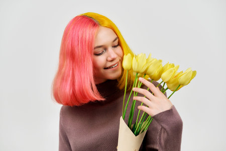 Happy smiling teenager girl with bouquet of yellow tulips on light background close-up. Holiday,...