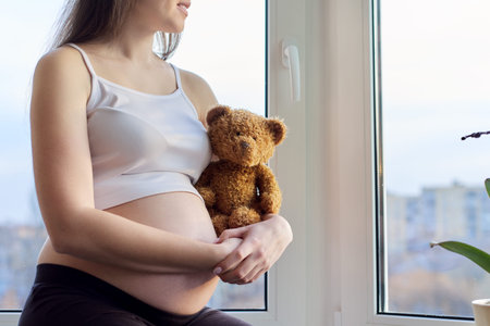 Portrait in profile of beautiful young pregnant woman brunette sitting near panoramic window with toy teddy bear. Dreaming female looking out the windowの写真素材