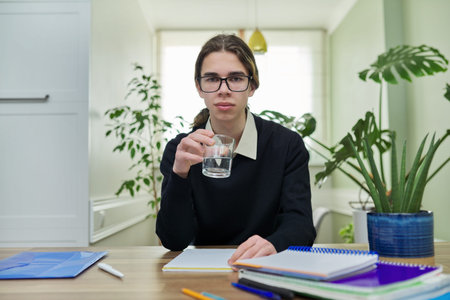 Student teenager talking looking at camera using video communicationの写真素材