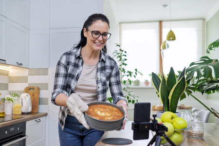 Food blog, woman cooking apple pie at home, recording recipe on smartphoneの写真素材