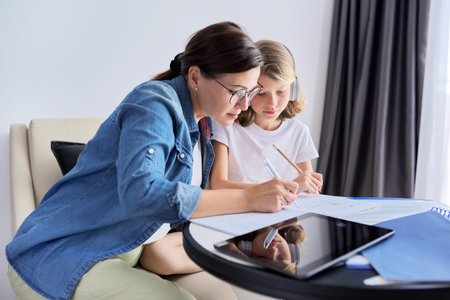 Mom and daughter of school elementary age writing and reading lessons together