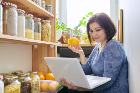 Home pantry kitchen interior, woman with laptop recording vlog, storage organizationの写真素材