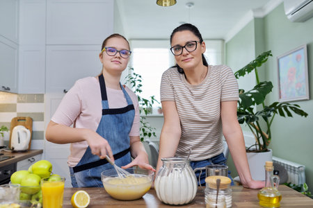Mom and daughter 12, 13 years old cook together apple pie